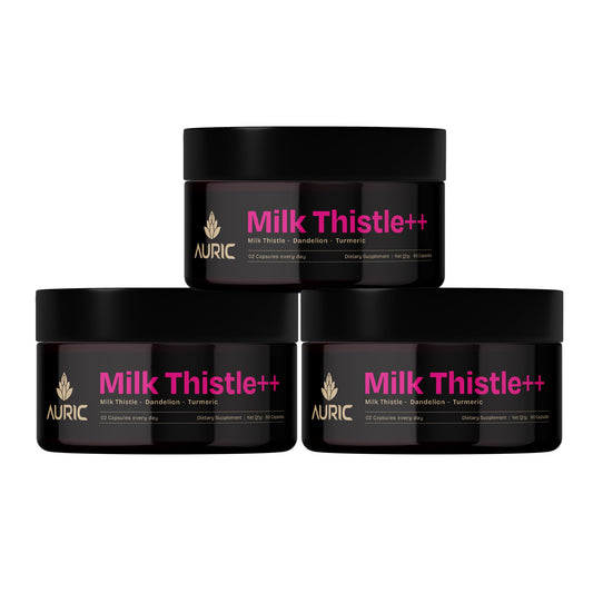 Auric Milk Thistle ++ bottle front view highlighting daily wellness support.