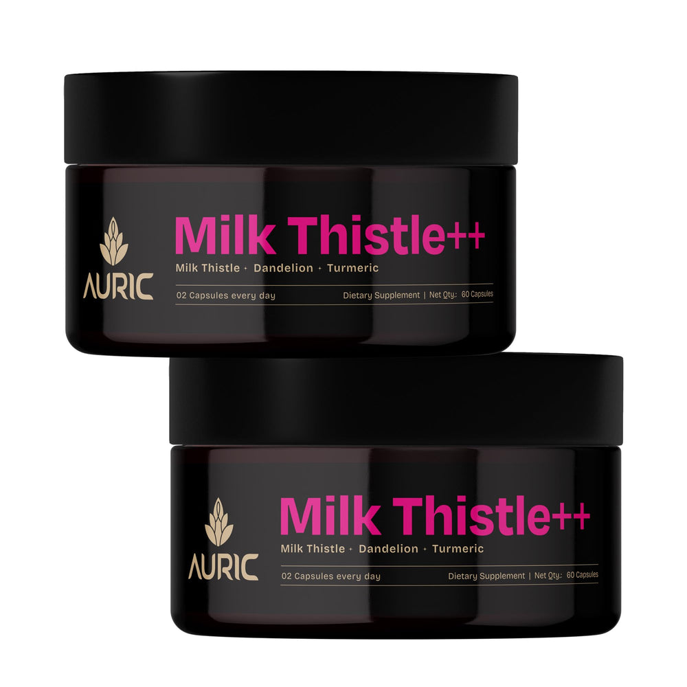 Auric Milk Thistle bottle front showing plant-based formula for daily support
