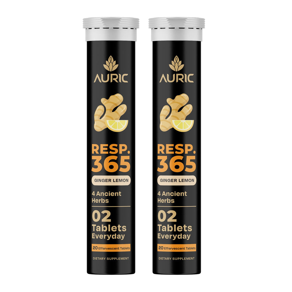 Auric Resp 365 bottle front view highlighting natural lung support blend.