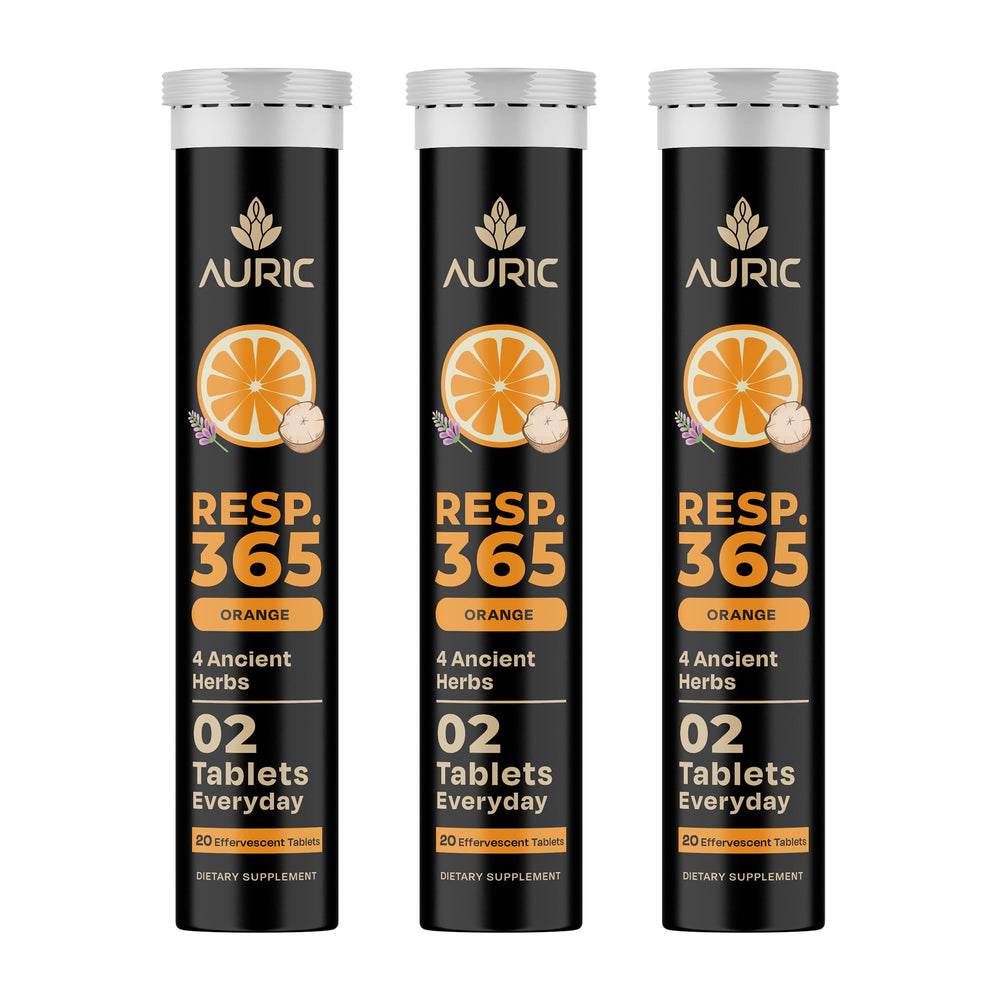 Auric Resp 365 bottle on table for daily respiratory wellness routine.