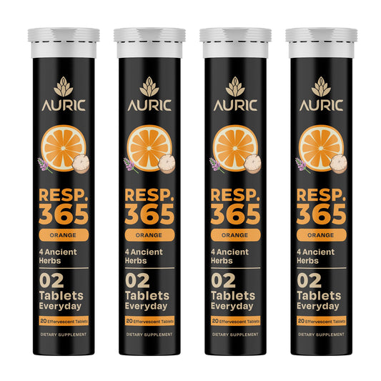 Auric Resp 365 bottle packaging for daily respiratory wellness.