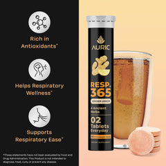 Dissolving tablet in water demonstrates easy orange effervescent drink from Auric Resp 365.