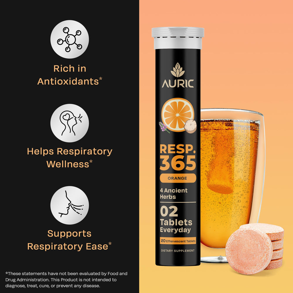 Auric Resp 365 orange-flavor drink in glass for a convenient daily ritual.