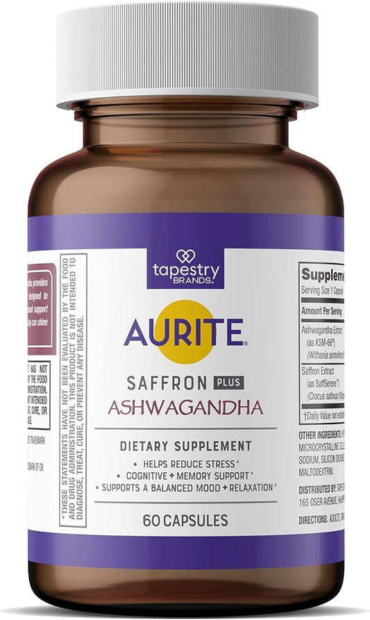 Aurite saffron bottle front; supports daily stress management and mood balance.