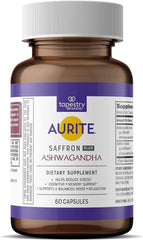 Aurite saffron bottle front; supports daily stress management and mood balance.