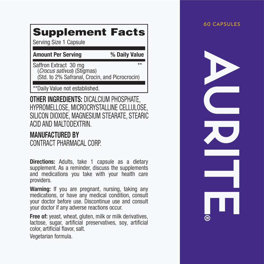 Aurite saffron capsules close-up highlighting convenient daily wellness support.