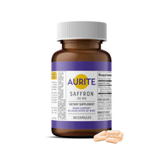 Aurite Saffron supplement bottle supports everyday mood balance.