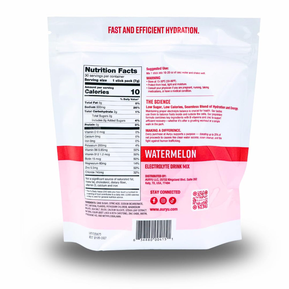 Chilled glass with ice and Auryu Electrolyte Mix for cooling hydration.