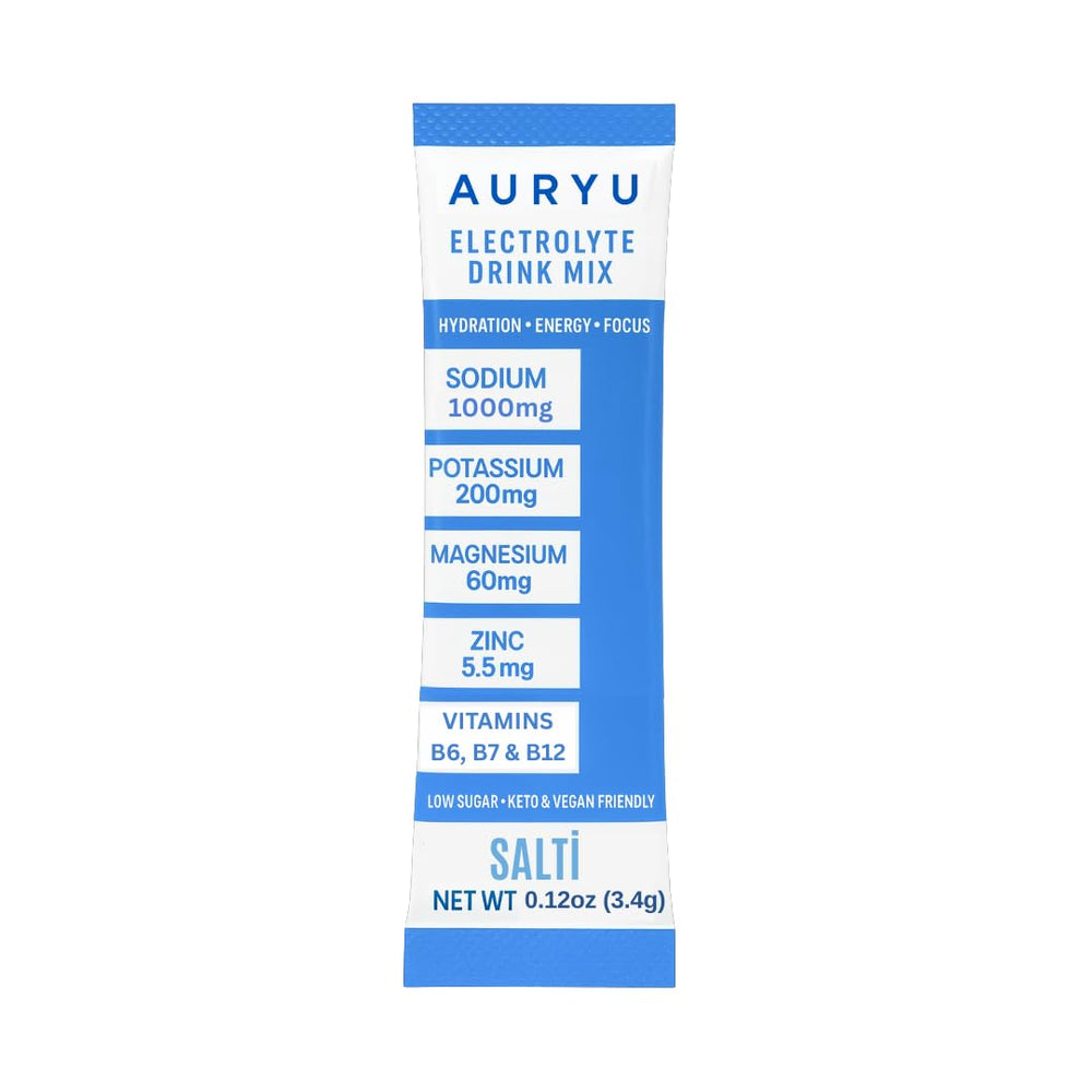 Auryu Electrolyte Mix ingredients panel highlights salts, minerals, and B vitamins for balanced recovery.