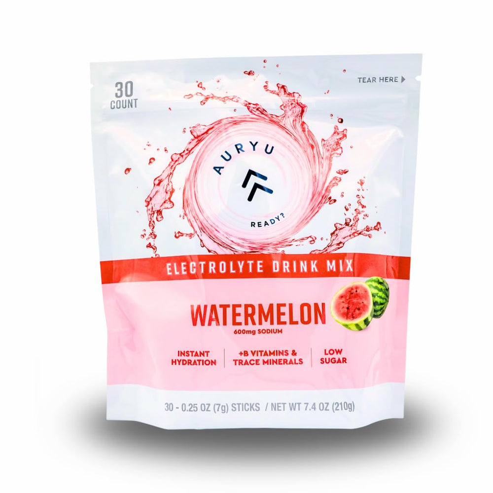 Auryu Electrolyte Mix Watermelon powder ready to dissolve for fast hydration.