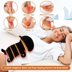 Auspicious Beginning black cat plush heating pad in microwave setup for quick warmth.