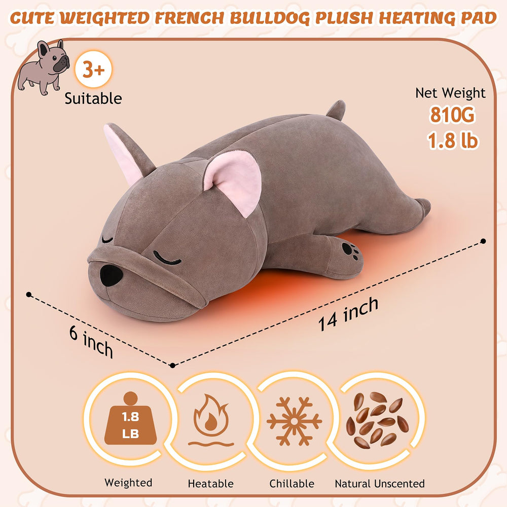 Auspicious Beginning moist-heat French Bulldog plush offers gentle warmth for comfort.