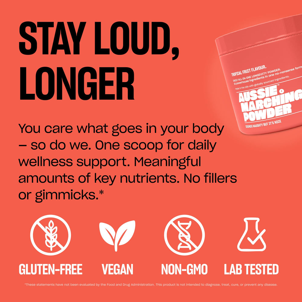 Aussie Marching Powder with fruits to highlight tropical flavor and revitalizing routine.