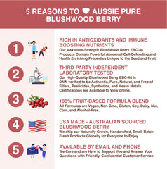 Aussie Pure Blushwood Berry label closeup reveals antioxidant-rich profile.