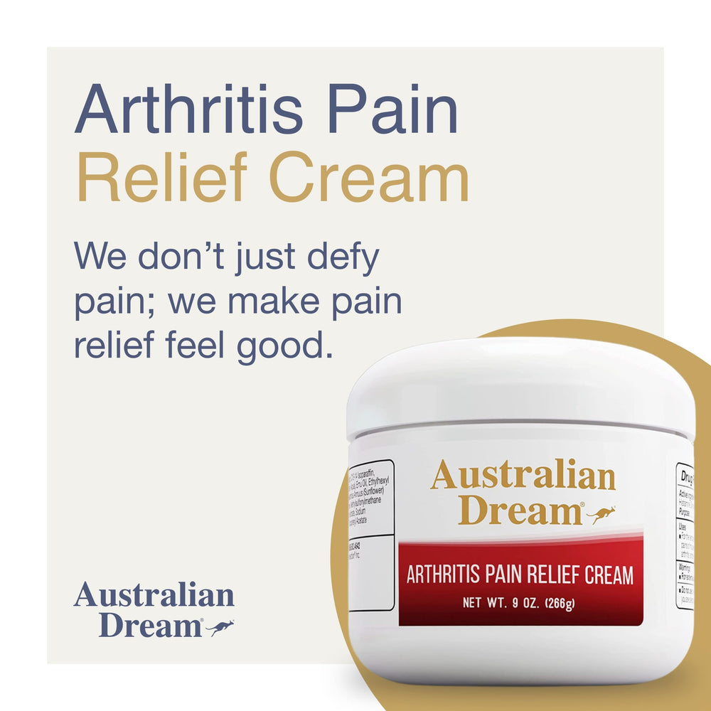 Australian Dream label closeup highlights temporary relief for muscle pains.