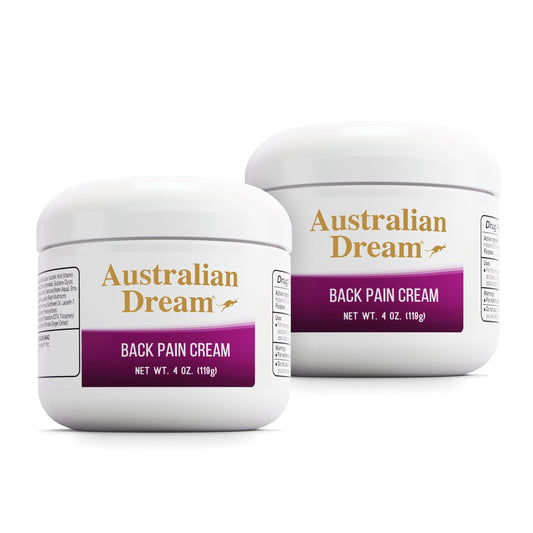 Australian Dream back pain cream bottle showing soothing, non-greasy relief.