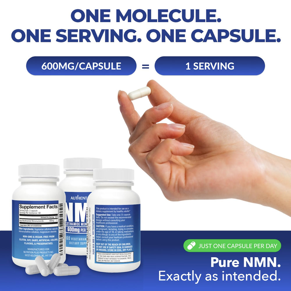 Close-up of AUTHENTA NMN capsules highlighting high-purity 600 mg serving.