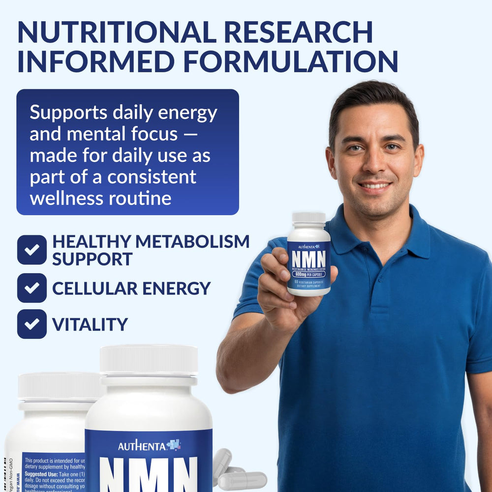 Clear tray of AUTHENTA NMN capsules illustrating 600 mg per capsule.