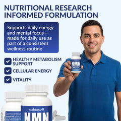 Clear tray of AUTHENTA NMN capsules illustrating 600 mg per capsule.