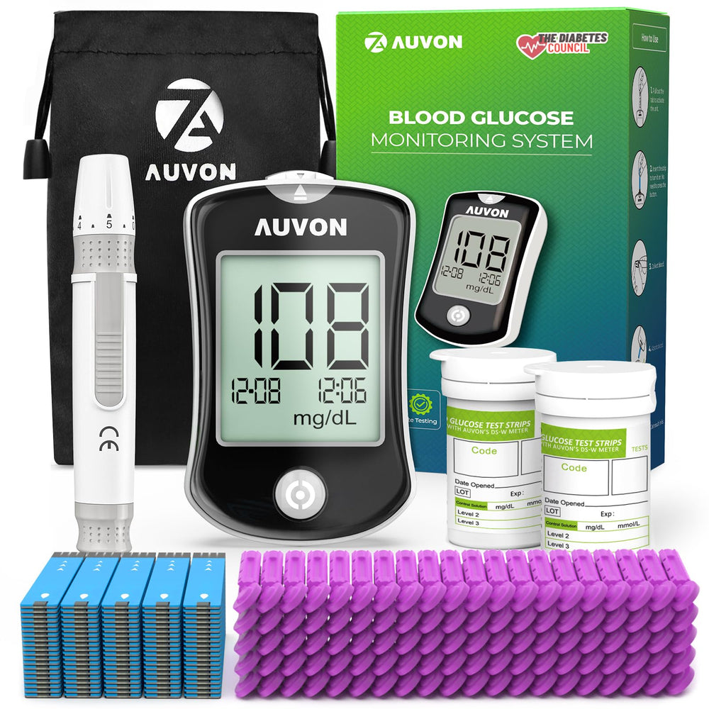 AUVON blood glucose monitor kit compact device for accurate home testing.