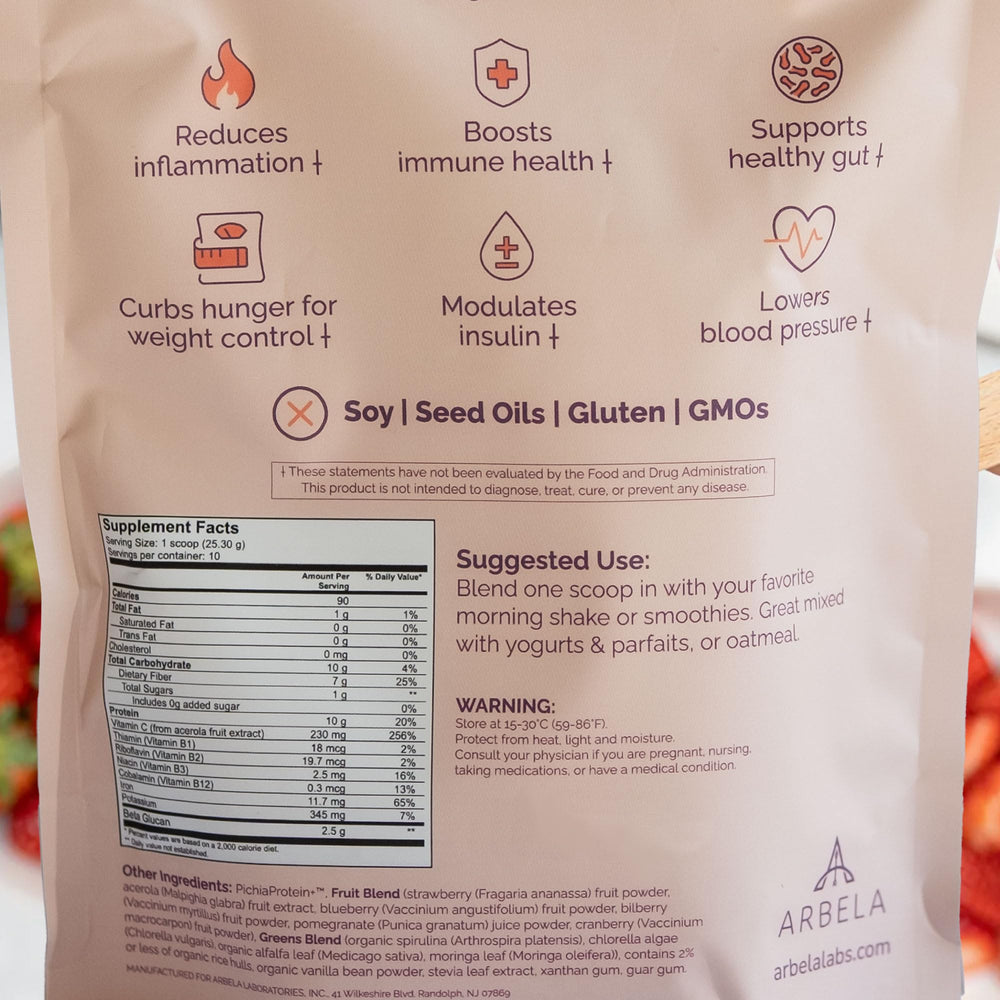 Avaia nutrition panel on packaging informs complete amino acids and macros.