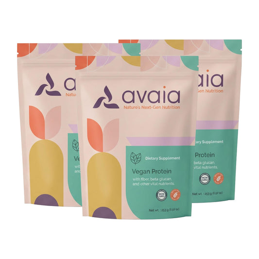 Avaia precision-fermented protein powder bottle highlights complete amino acids for daily vegan nutrition.