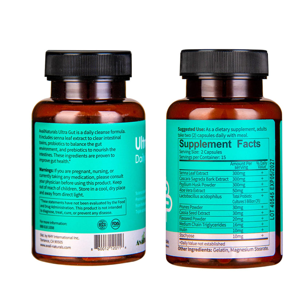 AvailNaturals Ultra Gut Daily Cleanse capsules close-up showing delayed-release coating