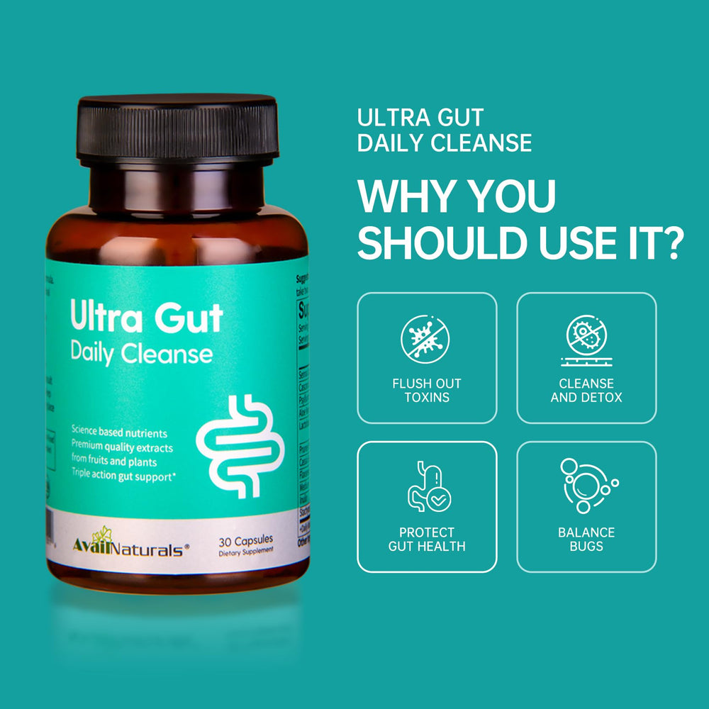 AvailNaturals Ultra Gut Daily Cleanse capsules in bottle arrangement