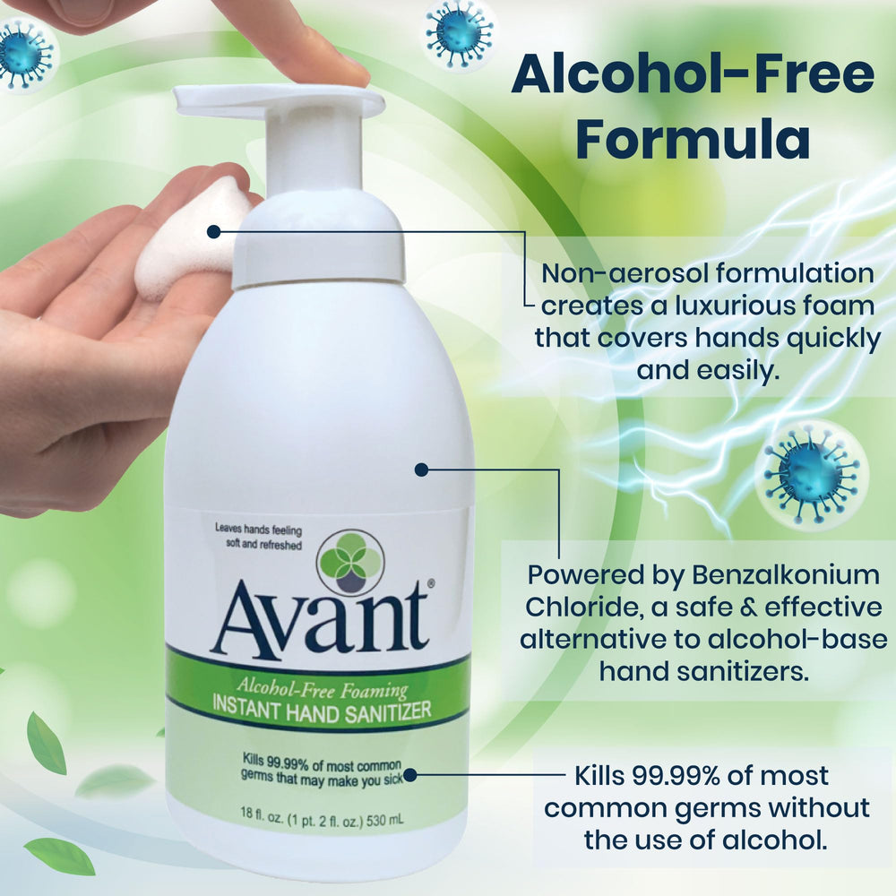 Avant sanitizer dispensing action demonstrates non-aerosol, convenient use.