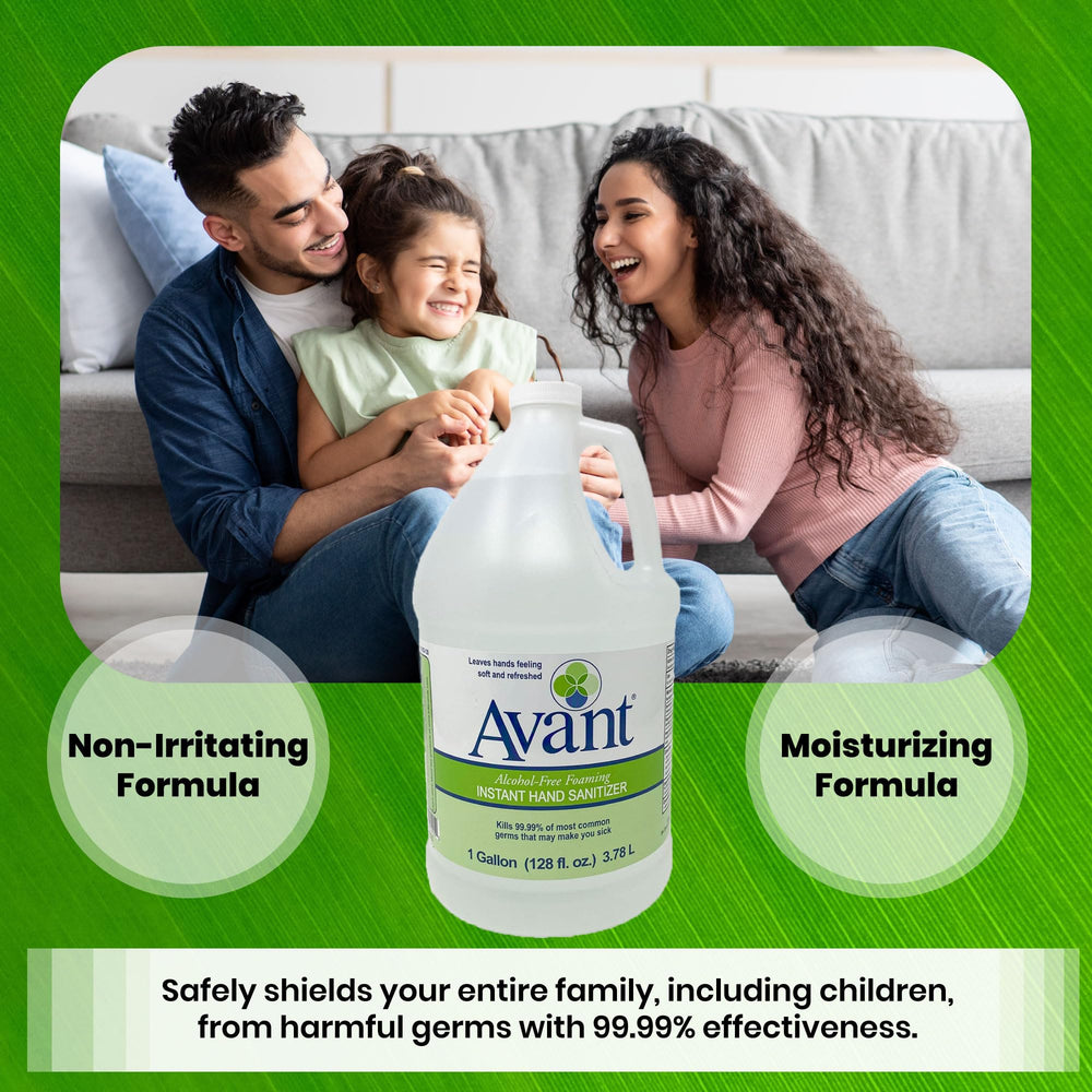 Avant use instructions show dispense, rub, and cover all surfaces.