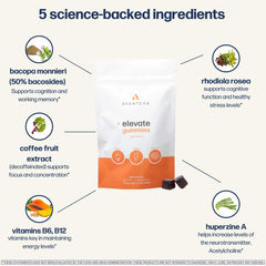 Ingredients panel on Avantera Elevate Gummies highlights Bacopa and Rhodiola for memory support.
