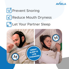 Aveela chin strap in CPAP setup demonstrates secure mouth closure for improved comfort.