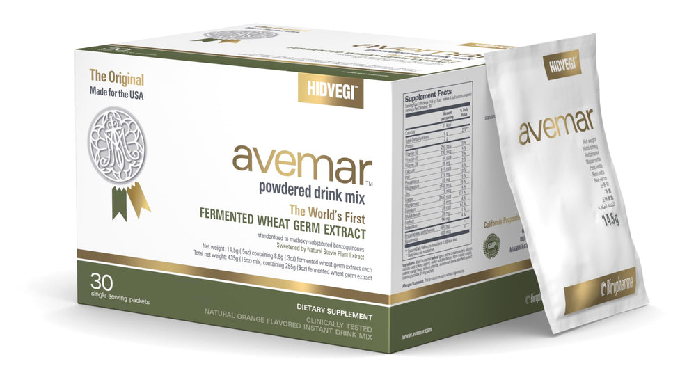 Avemar bottle pour shows fermented wheat germ extract for easy daily use.
