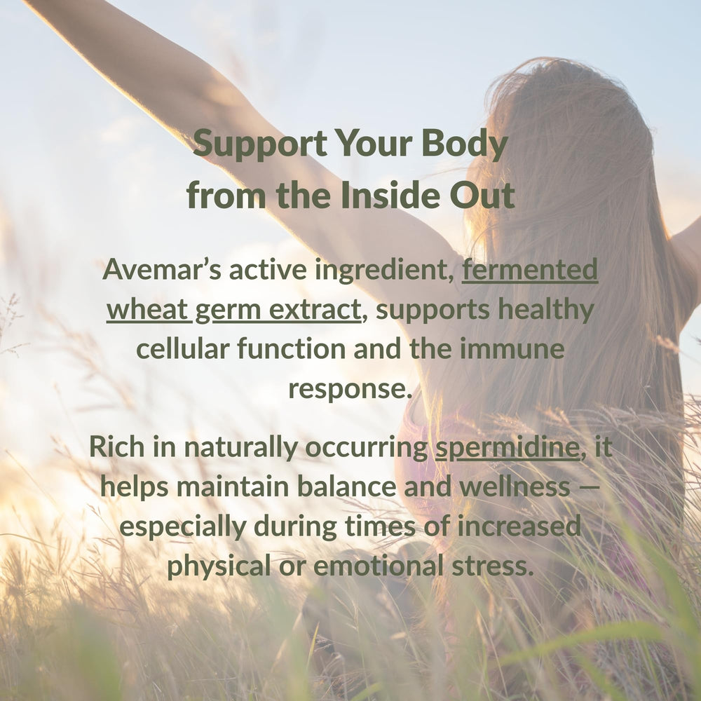 Avemar gluten-free vegetarian formula emphasizes clean, plant-based supplementation.