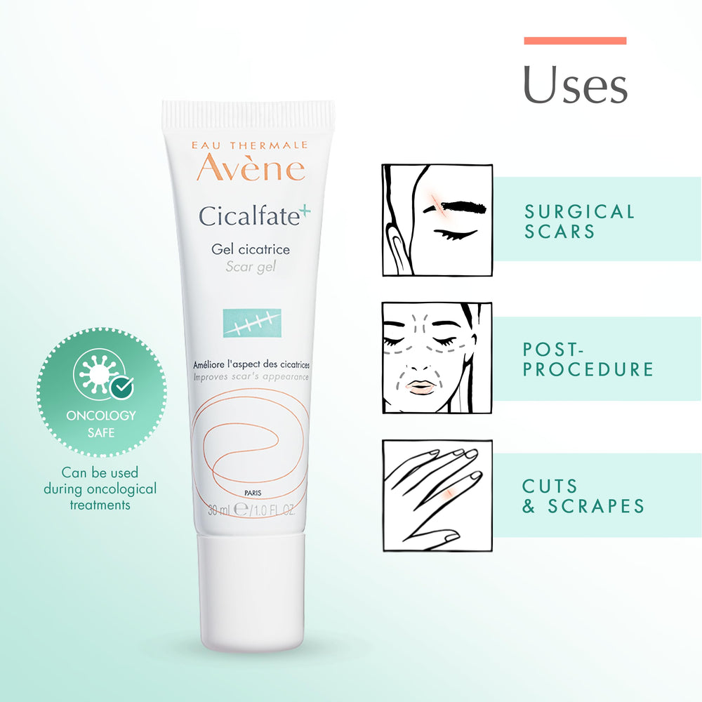 Avène Cicalfate+ Scar Gel applied to the face for gentle scar care.