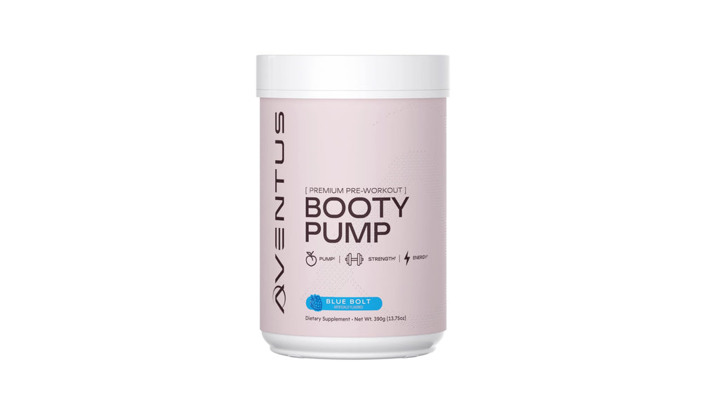 Aventus Booty Pump tub and scoop ready for a powerful pre-workout pump.