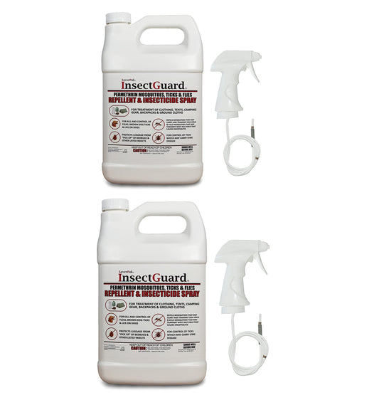 AverPak InsectGuard permethrin spray gallon being applied to clothing for long-lasting protection.