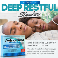 Avinol PM Extra Strength tablets close-up showing small, easy-to-swallow form.