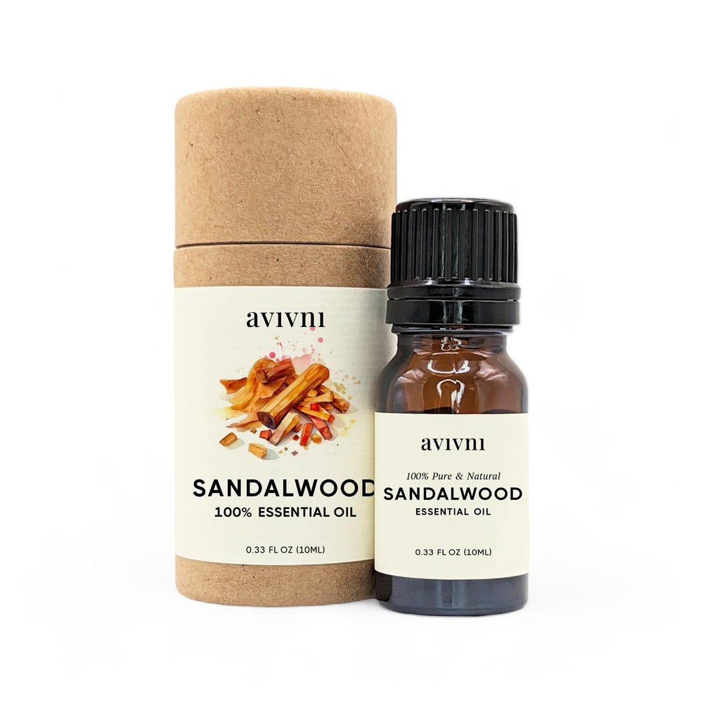 Avivni Australian Sandalwood essential oil bottle closeup showing pure aroma potential.