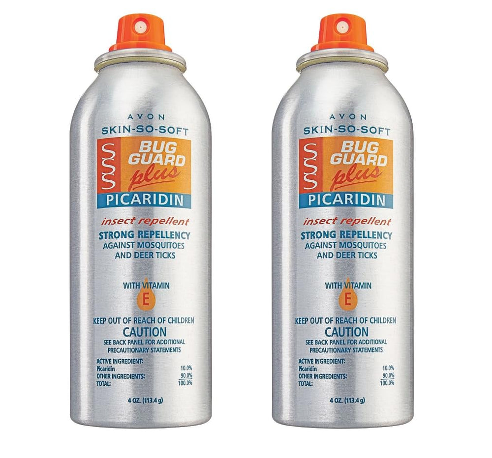 Avon Skin So Soft Bug Guard Plus Picaridin aerosol spray pack of two for outdoor protection.