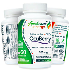 Awakened.energy OcuBerry bilberry capsules supporting eye health and daily vitality.