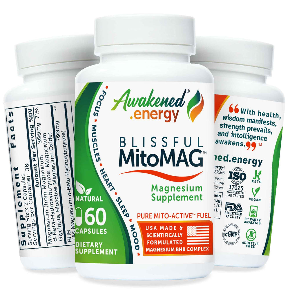 Awakened.energy Blissful MitoMAG bottle front view promoting restful sleep and mood support
