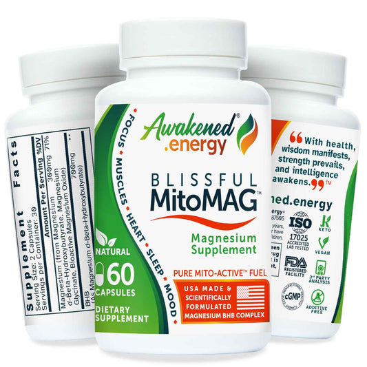 Awakened.energy Blissful MitoMAG bottle front view promoting restful sleep and mood support
