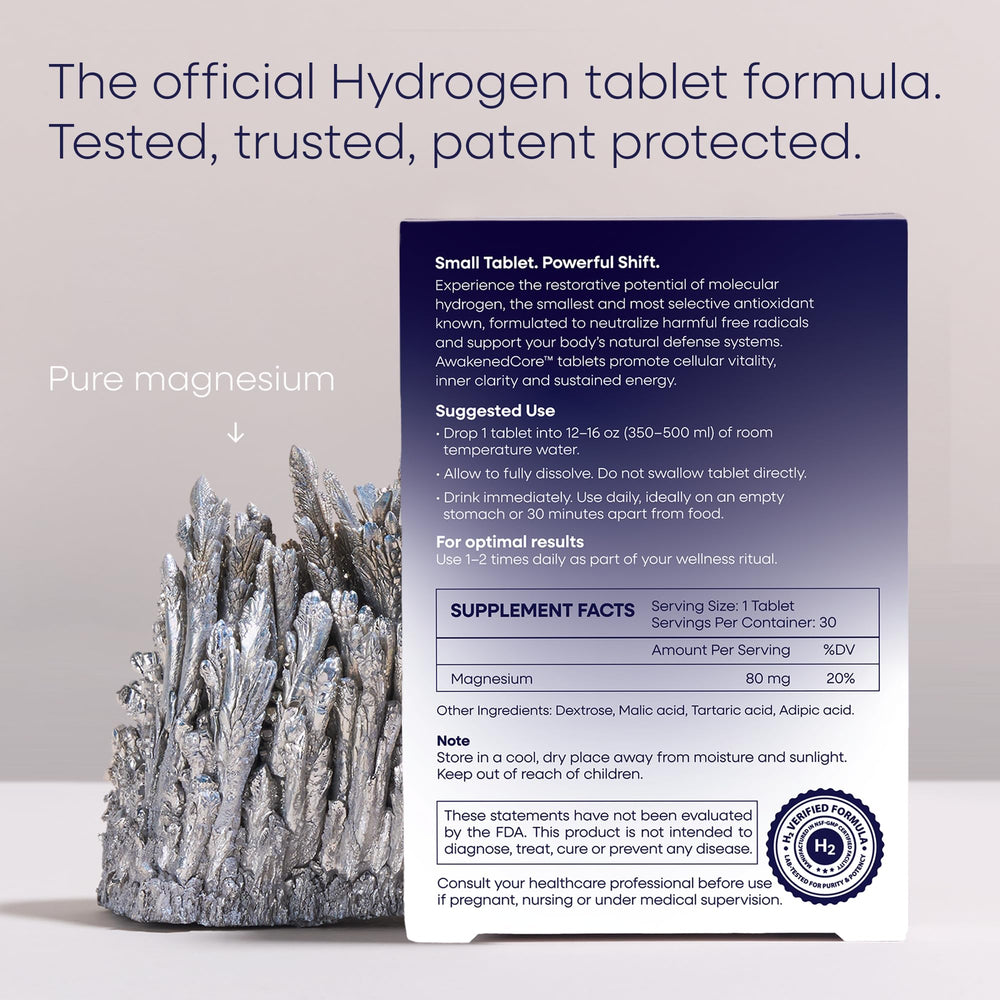 AwakenedCore hydrogen tablets in bottle packaging for convenient, fresh daily use.