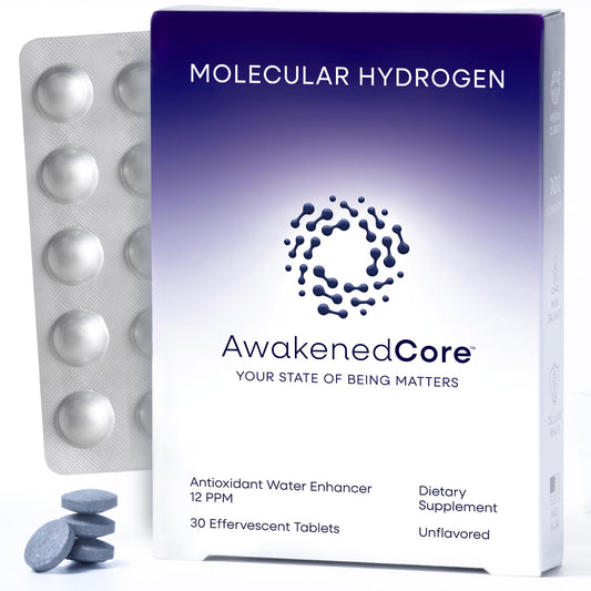 AwakenedCore hydrogen tablets dissolve in water for enhanced hydration and energy.