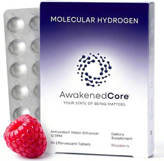 AwakenedCore Raspberry hydrogen tablets bottle showing refreshing energy support