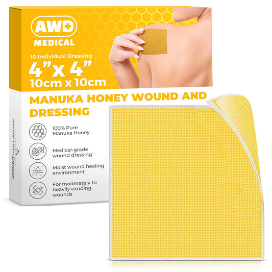 AWD Medical Manuka Honey Gauze Dressing 10-count box provides sterile, ready-to-use wound care.