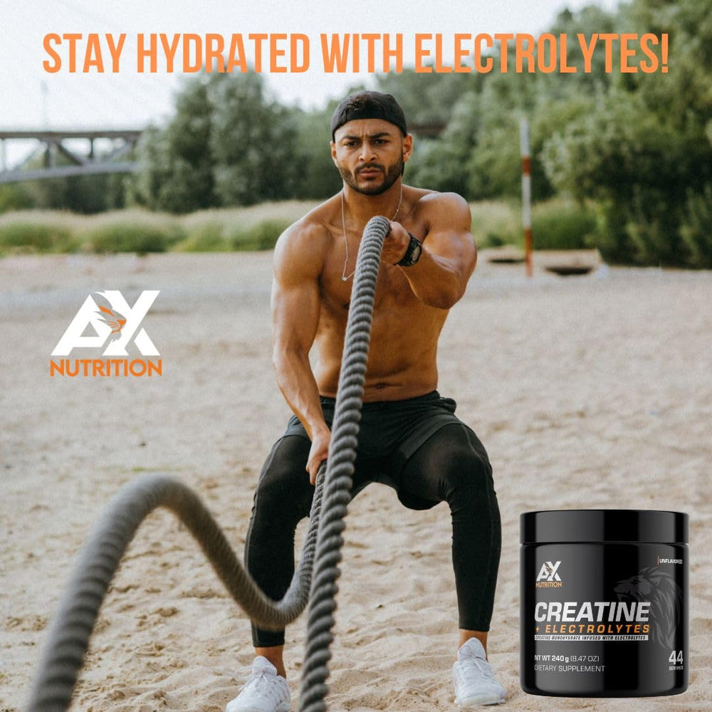 AX Nutrition Creatine + Electrolytes close-up on label showing electrolytes infused creatine for workouts.