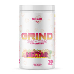 Axe & Sledge The Grind bottle view highlighting essential amino acids for recovery support.