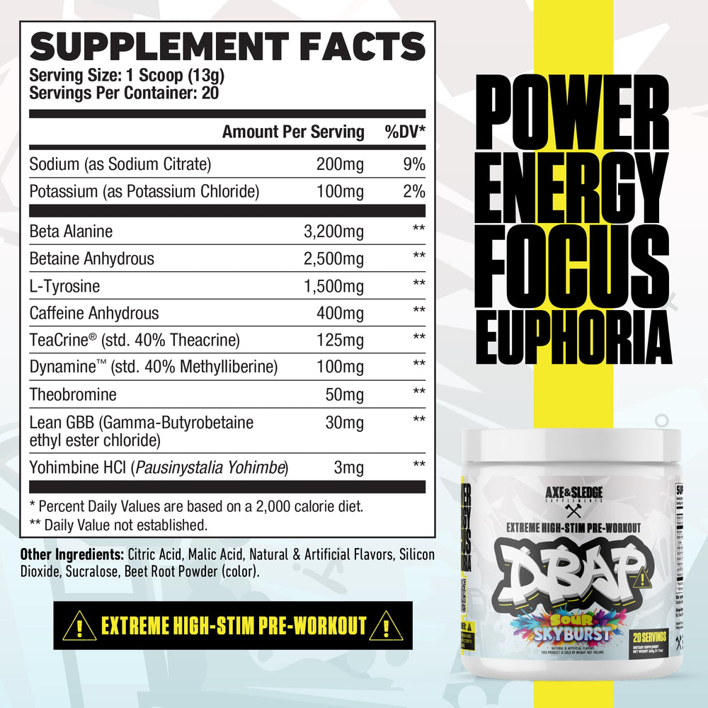 DBAP Extreme powder tub with label closeup for clear dosing guidance.